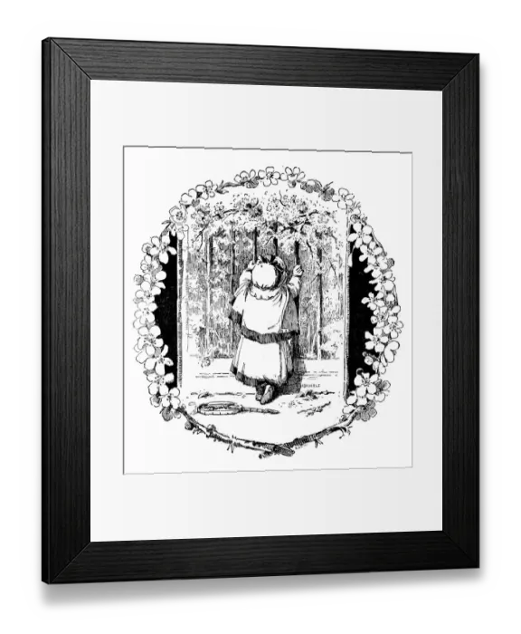 Framed Print : Antique childrens book comic illustration: child looking through gate Framed Print : Antique childrens book comic illustration: child looking through gate