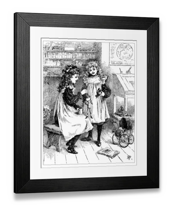 Framed Print : Antique childrens book comic illustration: girls repairing toys dolls Framed Print : Antique childrens book comic illustration: girls repairing toys dolls