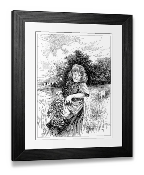 Framed Print : Antique childrens book comic illustration: little girl outdoor Framed Print : Antique childrens book comic illustration: little girl outdoor