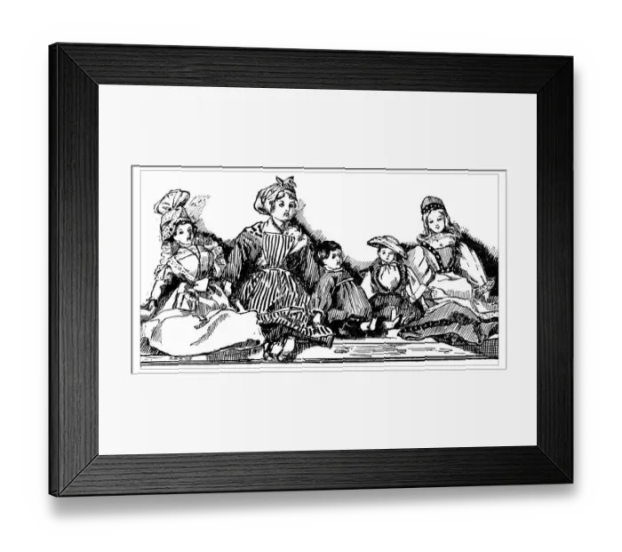Framed Print : Antique childrens book comic illustration: five dolls Framed Print : Antique childrens book comic illustration: five dolls