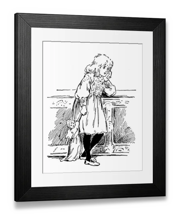 Framed Print : Antique childrens book comic illustration: little girl with doll Framed Print : Antique childrens book comic illustration: little girl with doll