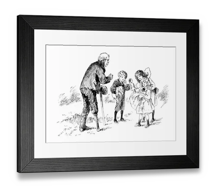 Framed Print : Antique childrens book comic illustration: children with man Framed Print : Antique childrens book comic illustration: children with man