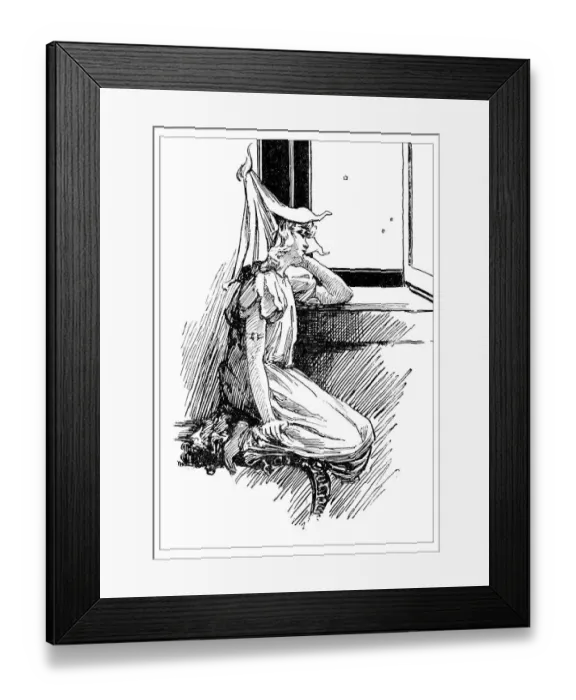Framed Print : Antique childrens book comic illustration: little girl looking outside window Framed Print : Antique childrens book comic illustration: little girl looking outside window
