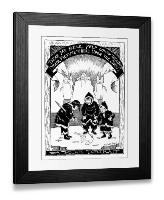 Framed Print : Antique childrens book comic illustration: Eskimo drawing polar bear