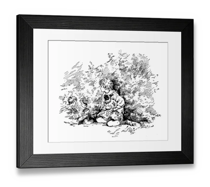 Framed Print : Antique childrens book comic illustration: child and dog