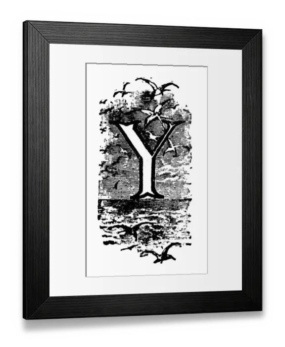 Framed Print : Antique childrens book comic illustration: Ornate letter Y