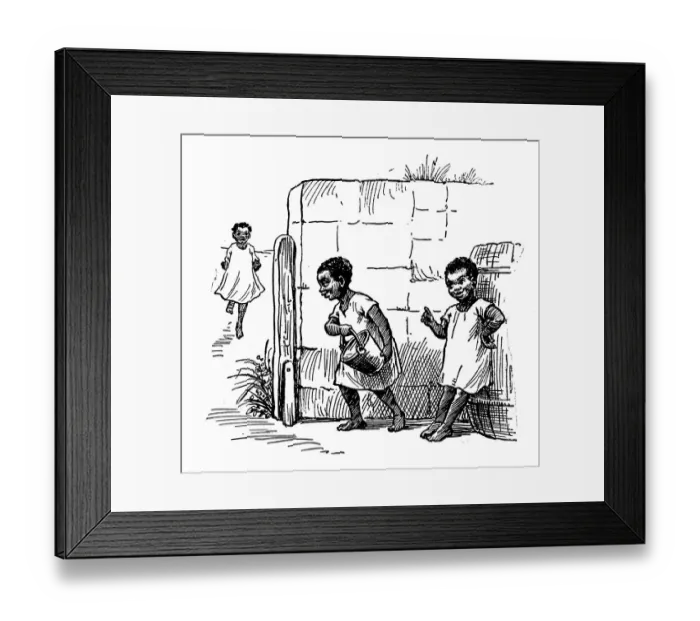 Framed Print : Antique childrens book comic illustration: children playing with water bucket Framed Print : Antique childrens book comic illustration: children playing with water bucket