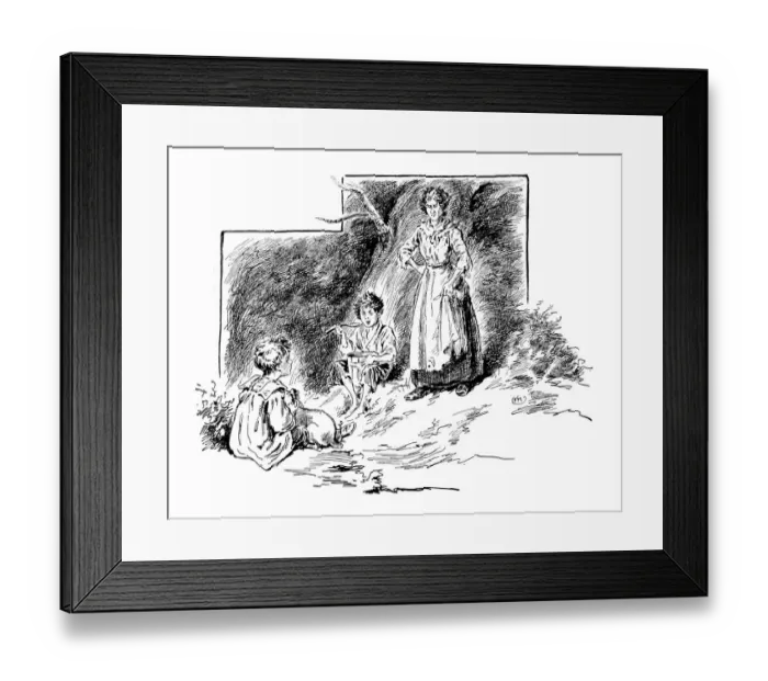 Framed Print : Antique childrens book comic illustration: woman with children Framed Print : Antique childrens book comic illustration: woman with children