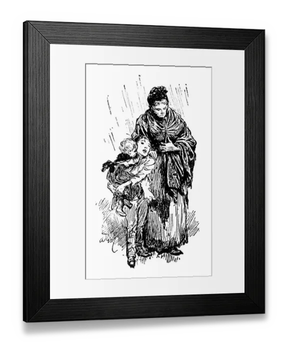 Framed Print : Antique childrens book comic illustration: mother with children under rain Framed Print : Antique childrens book comic illustration: mother with children under rain