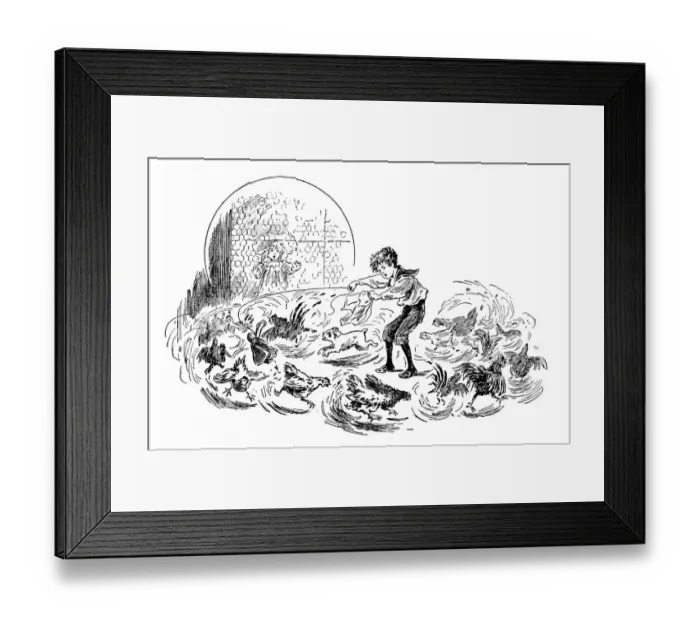 Framed Print : Antique childrens book comic illustration: boy with dog and chickens Framed Print : Antique childrens book comic illustration: boy with dog and chickens