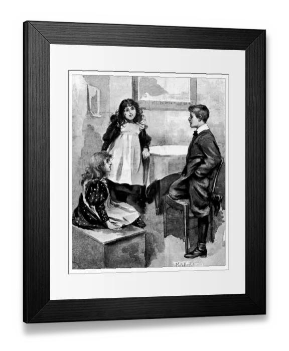Framed Print : Antique childrens book comic illustration: children indoor Framed Print : Antique childrens book comic illustration: children indoor