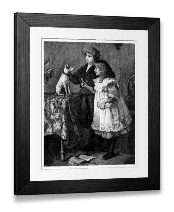 Framed Print : Antique childrens book comic illustration: children feeding dog Framed Print : Antique childrens book comic illustration: children feeding dog