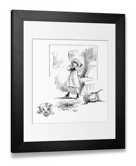 Framed Print : Antique childrens book comic illustration: dog breaking vase Framed Print : Antique childrens book comic illustration: dog breaking vase