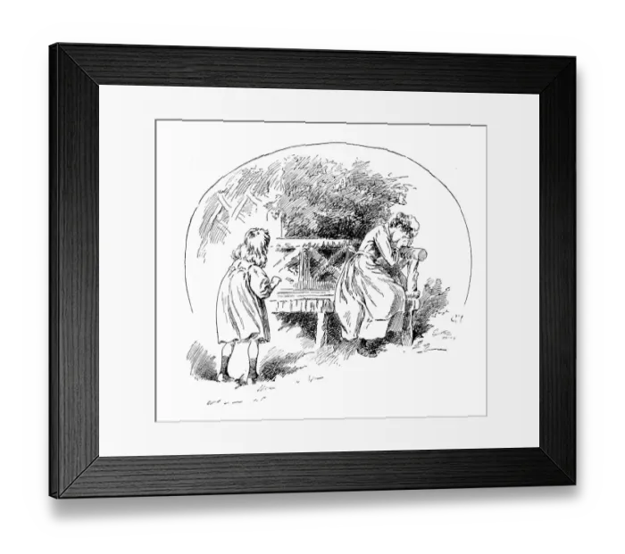 Framed Print : Antique childrens book comic illustration: girl and crying woman Framed Print : Antique childrens book comic illustration: girl and crying woman