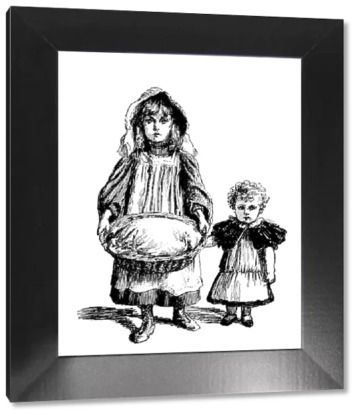 Antique childrens book comic illustration: children with basket