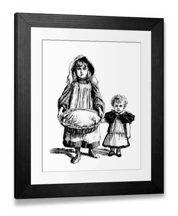 Framed Print : Antique childrens book comic illustration: children with basket Framed Print : Antique childrens book comic illustration: children with basket