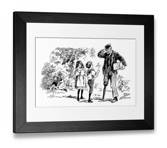 Framed Print : Antique childrens book comic illustration: children with man Framed Print : Antique childrens book comic illustration: children with man