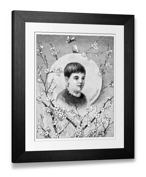 Framed Print : Antique childrens book comic illustration: Little boy portrait with flowers