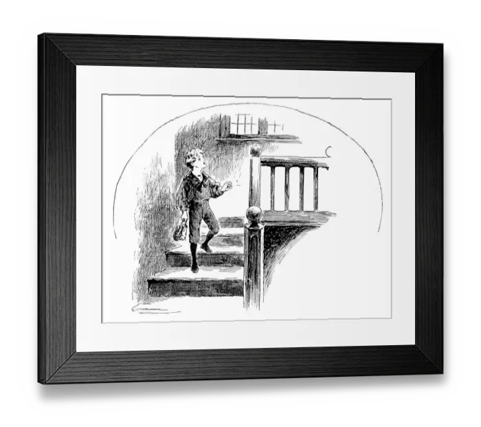 Framed Print : Antique childrens book comic illustration: boy on staircase holding shoes Framed Print : Antique childrens book comic illustration: boy on staircase holding shoes