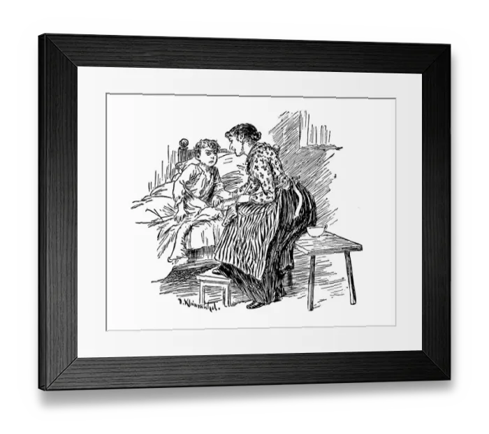 Framed Print : Antique childrens book comic illustration: mother talking to son