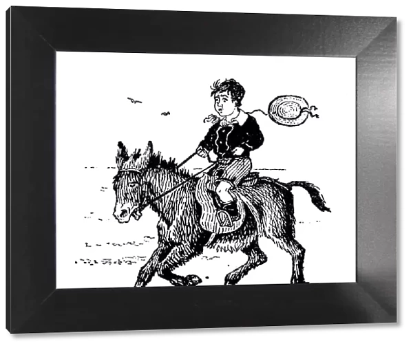 Antique childrens book comic illustration: boy riding donkey