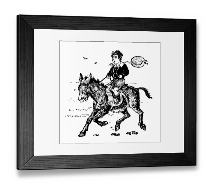 Framed Print : Antique childrens book comic illustration: boy riding donkey Framed Print : Antique childrens book comic illustration: boy riding donkey
