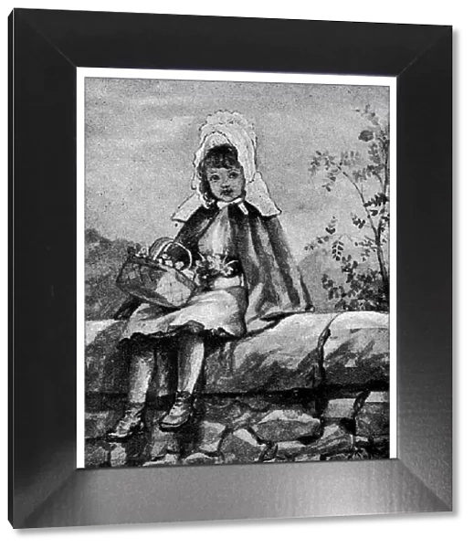 Antique childrens book comic illustration: little girl outdoor with basket