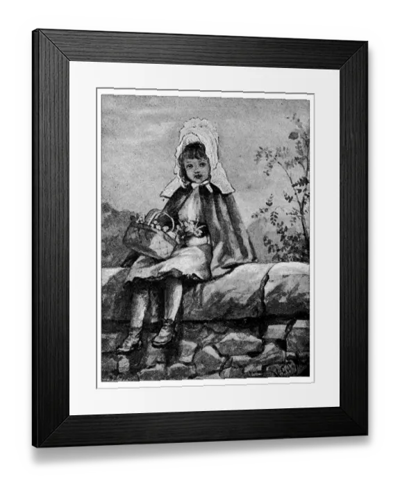 Framed Print : Antique childrens book comic illustration: little girl outdoor with basket Framed Print : Antique childrens book comic illustration: little girl outdoor with basket