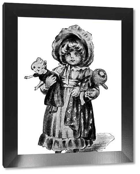 Antique childrens book comic illustration: little girl with dolls