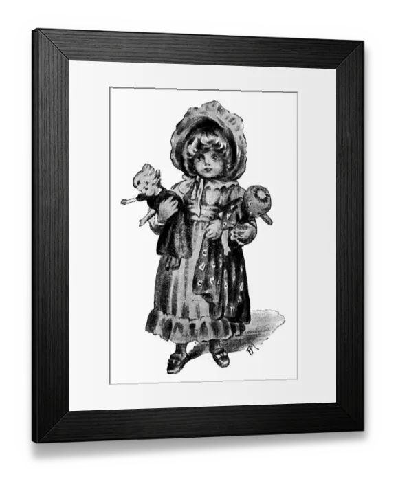 Framed Print : Antique childrens book comic illustration: little girl with dolls Framed Print : Antique childrens book comic illustration: little girl with dolls