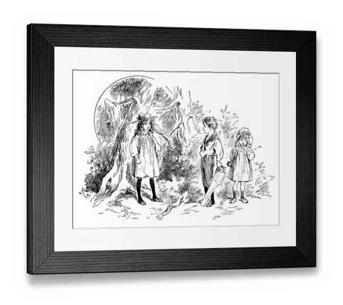 Framed Print : Antique childrens book comic illustration: children in woods Framed Print : Antique childrens book comic illustration: children in woods