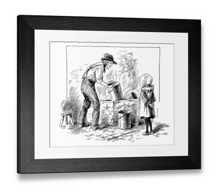 Framed Print : Antique childrens book comic illustration: girl and grandpa Framed Print : Antique childrens book comic illustration: girl and grandpa