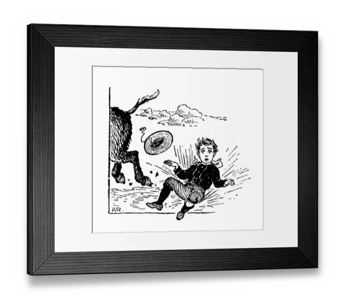 Framed Print : Antique childrens book comic illustration: boy falling from riding donkey Framed Print : Antique childrens book comic illustration: boy falling from riding donkey