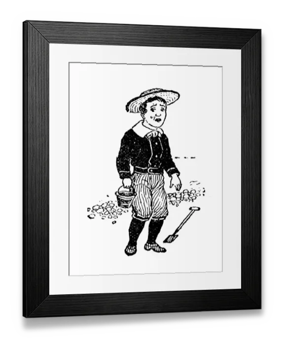 Framed Print : Antique childrens book comic illustration: sad boy on the beach