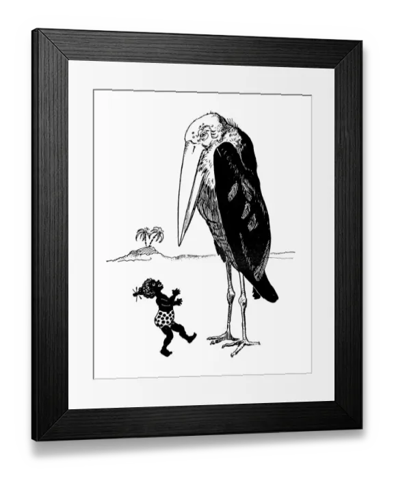 Framed Print : Antique childrens book comic illustration: little girl with giant bird Framed Print : Antique childrens book comic illustration: little girl with giant bird