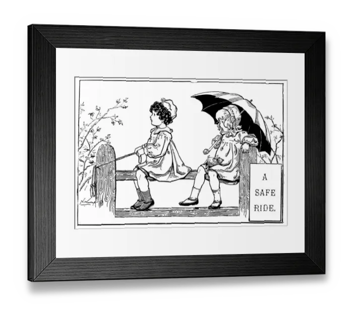 Framed Print : Antique childrens book comic illustration: girls playing on fence