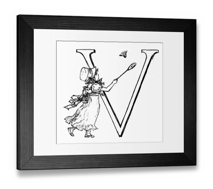 Framed Print : Antique children spelling book illustrations: Alphabet letter V