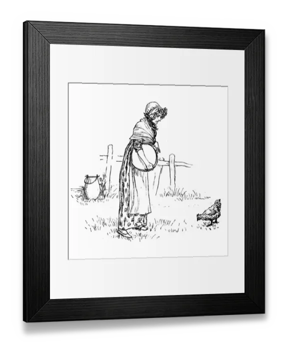 Framed Print : Antique children spelling book illustrations: Woman with chicken