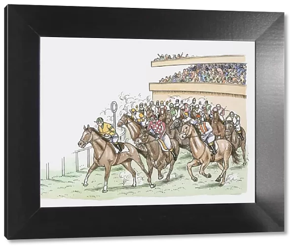 adult men, competition, crowd, day, domestic animal, horizontal, horse racing, ink and brush