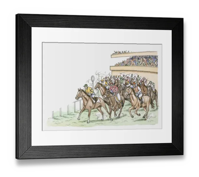 Framed Print : adult men, competition, crowd, day, domestic animal, horizontal, horse racing, ink and brush Framed Print : adult men, competition, crowd, day, domestic animal, horizontal, horse racing, ink and brush