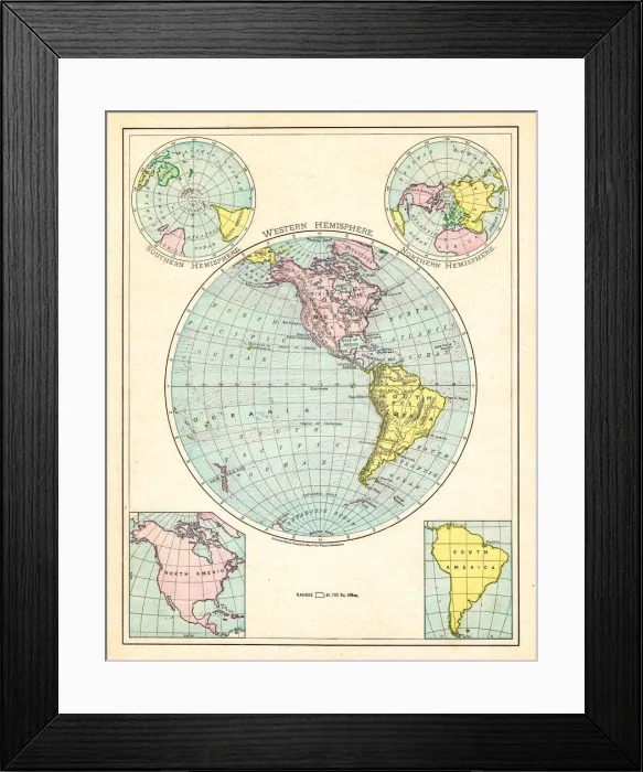Framed Print : Western Hemisphere map 1895