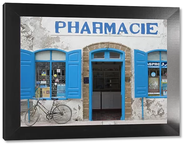 Morocco, Essaouira, pharmacy with blue shutters