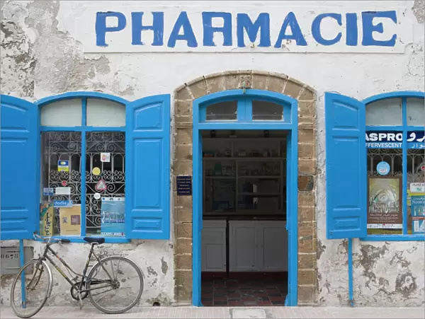 Morocco, Essaouira, pharmacy with blue shutters