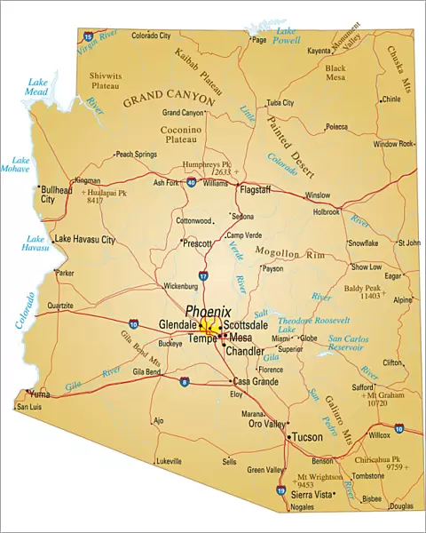 Map of Arizona, USA highways, major roads, and rivers