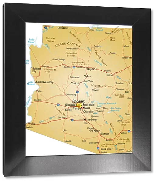 Map of Arizona, USA highways, major roads, and rivers
