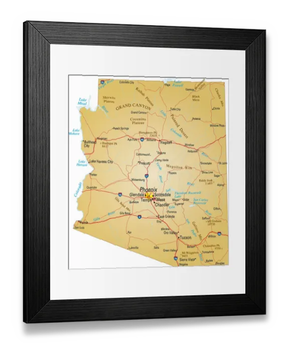 Framed Print : Map of Arizona, USA highways, major roads, and rivers Framed Print : Map of Arizona, USA highways, major roads, and rivers