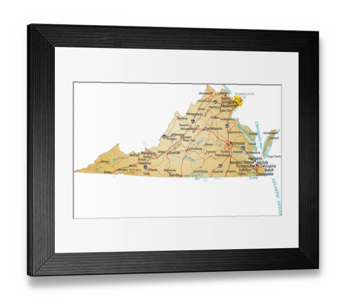 Framed Print : virginia. vector illustration of map of virginia Framed Print : virginia. vector illustration of map of virginia