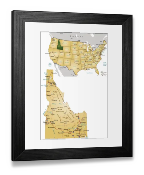 Framed Print : Idaho. Vector illustration of map of Idaho with major roads, rivers and lakes Framed Print : Idaho. Vector illustration of map of Idaho with major roads, rivers and lakes