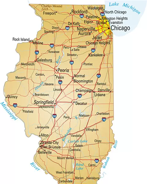 Map of Illinois showing major cities and roads