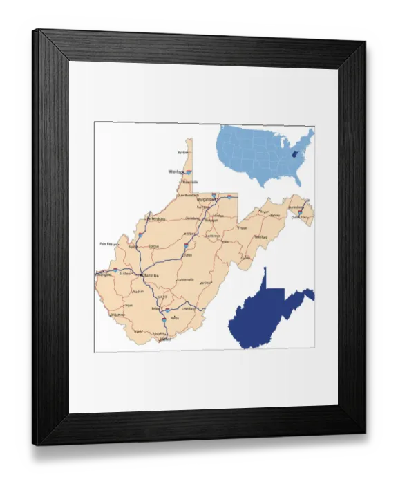 Framed Print : West Virginia road map Framed Print : West Virginia road map